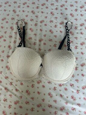 Victoria's Secret White Bra with Black Decorative Straps and Bows